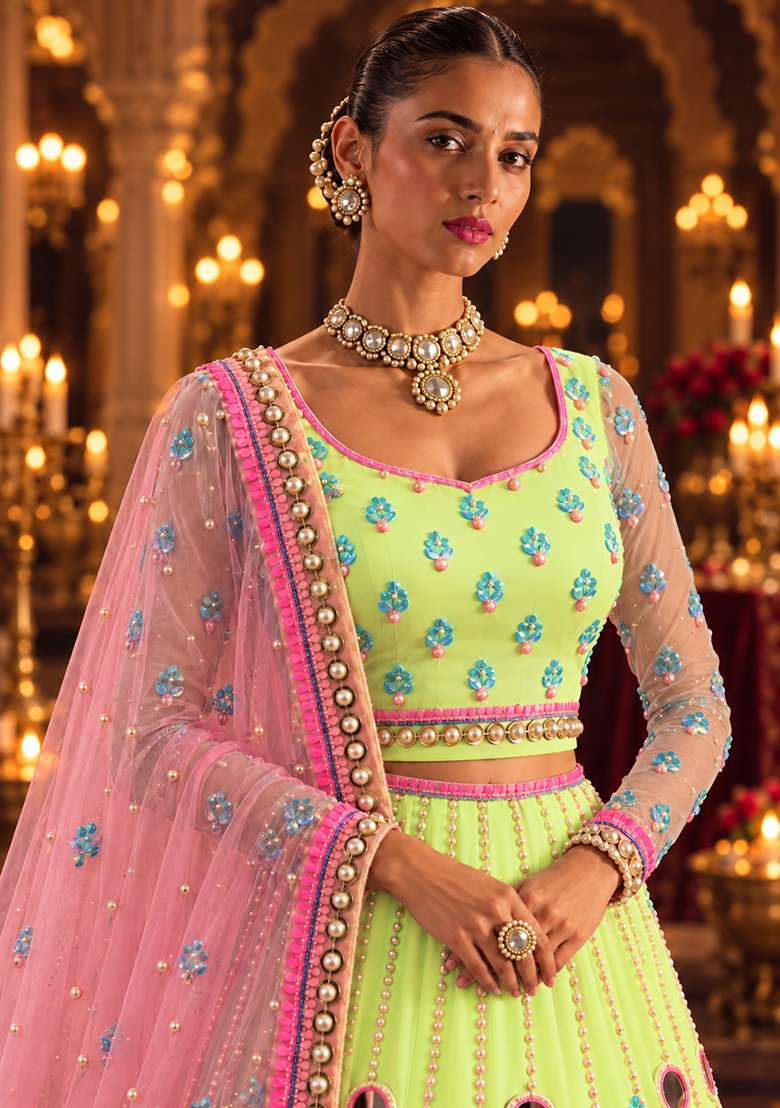 Lime Green Mirror and Bead Embellished Net Lehenga Set with Matching Dupatta - Indya