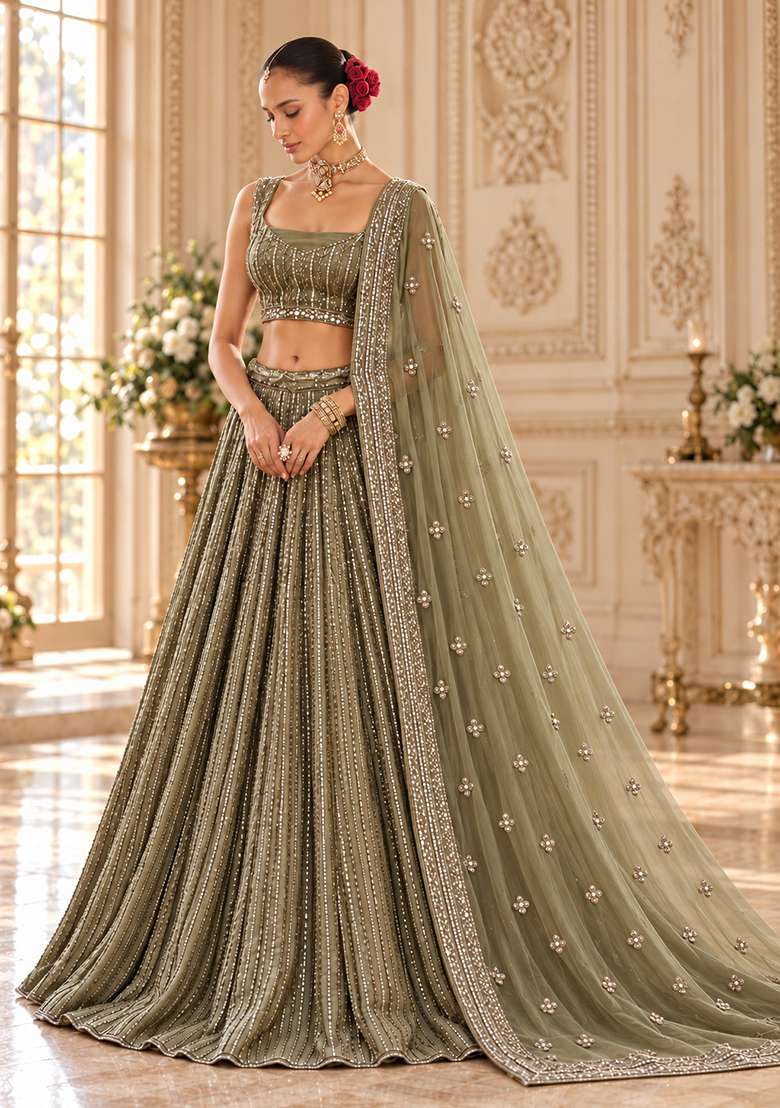 Dark Olive Cutdana Embellished Georgette Lehenga Set with Matching Dupatta - Indya