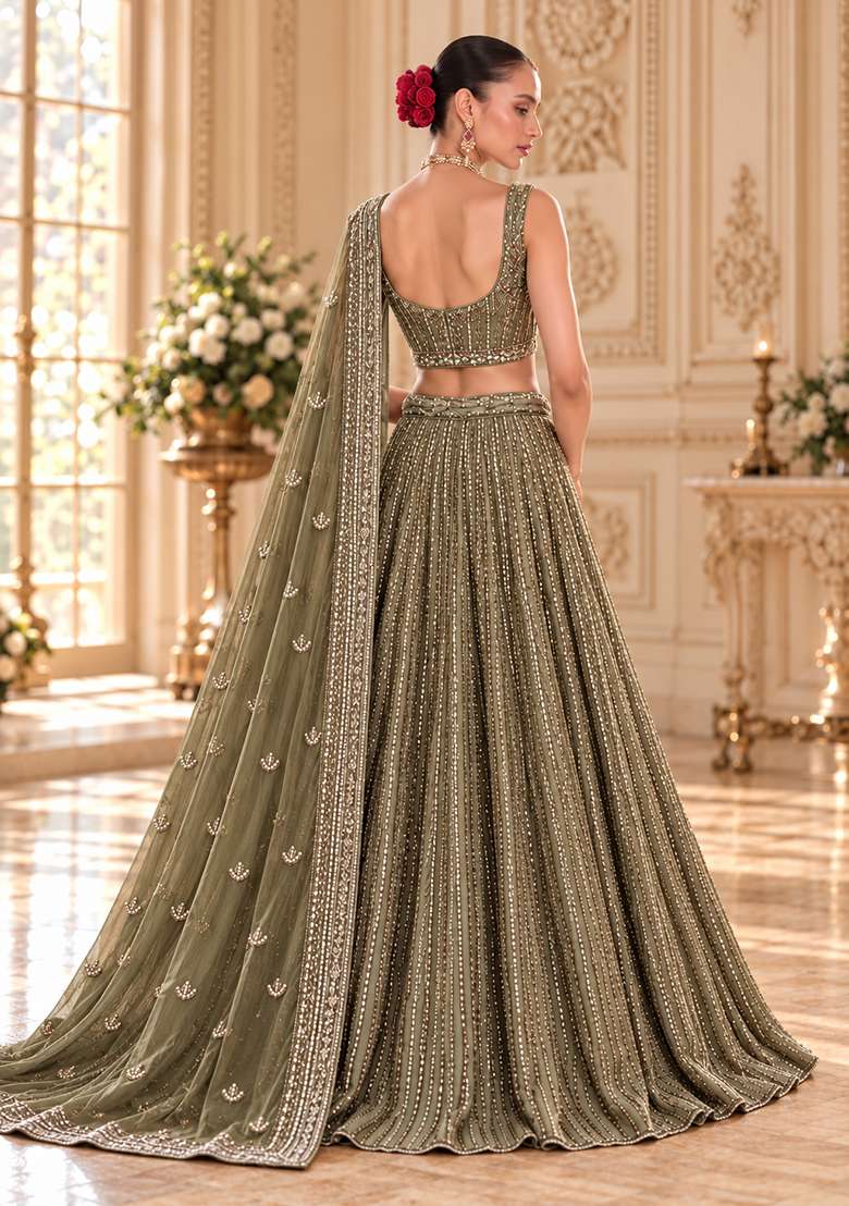 Dark Olive Cutdana Embellished Georgette Lehenga Set with Matching Dupatta - Indya