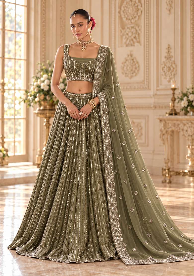 Dark Olive Cutdana Embellished Georgette Lehenga Set with Matching Dupatta - Indya