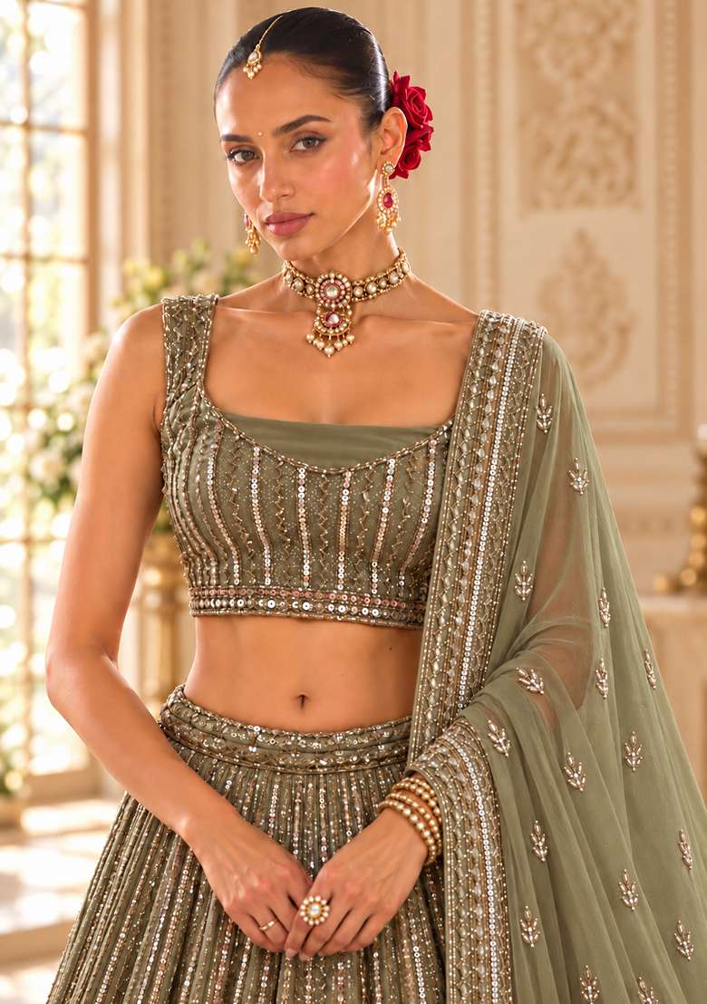 Dark Olive Cutdana Embellished Georgette Lehenga Set with Matching Dupatta - Indya