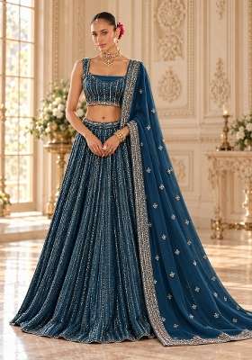 Navy Blue Cutdana Embellished Georgette Lehenga Set with Matching Dupatta