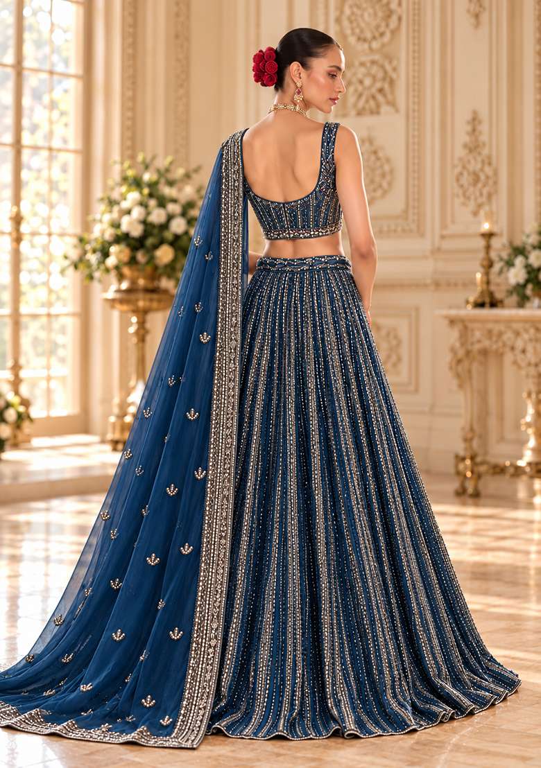 Navy Blue Cutdana Embellished Georgette Lehenga Set with Matching Dupatta - Indya