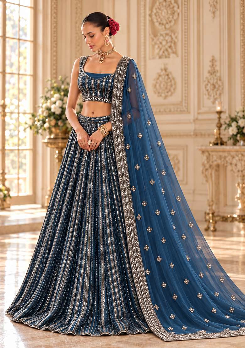 Navy Blue Cutdana Embellished Georgette Lehenga Set with Matching Dupatta - Indya