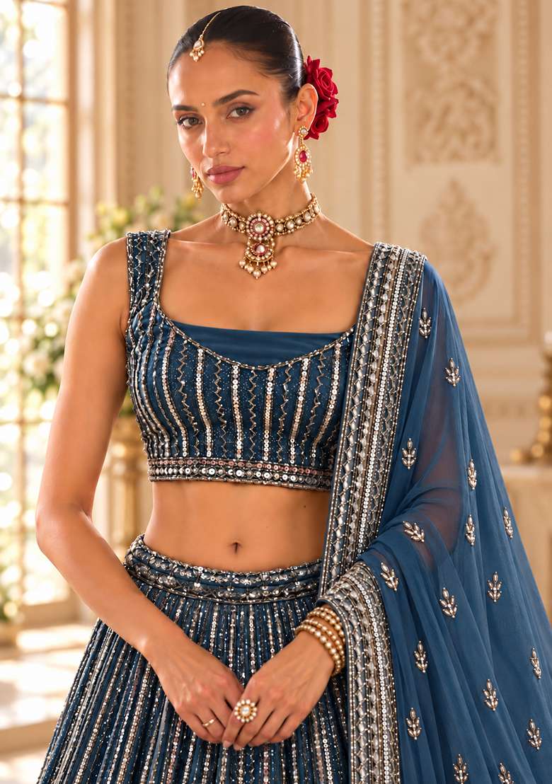 Navy Blue Cutdana Embellished Georgette Lehenga Set with Matching Dupatta - Indya