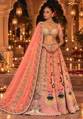 Salmon Pink Sequin and Bead Embellished Chanderi Silk Lehenga Set with Net Dupatta