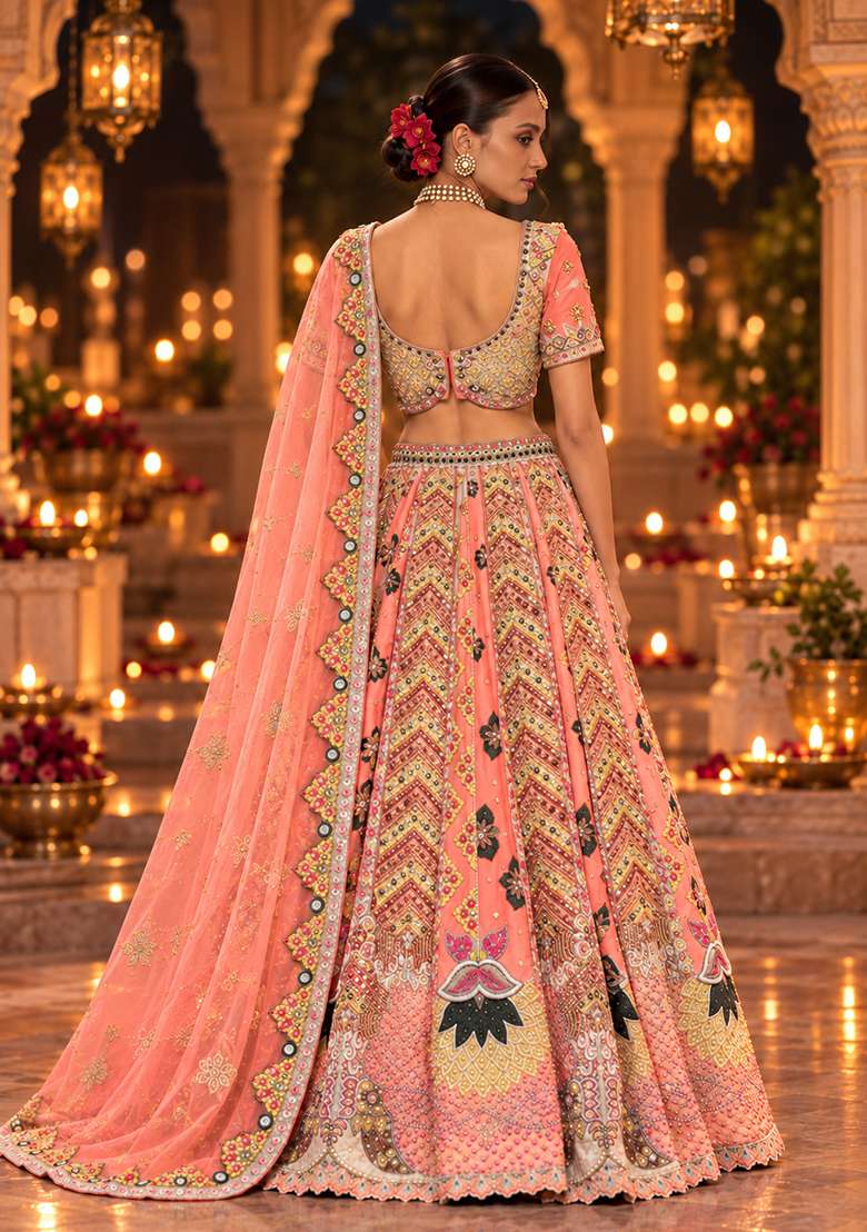 Salmon Pink Sequin and Bead Embellished Chanderi Silk Lehenga Set with Net Dupatta - Indya