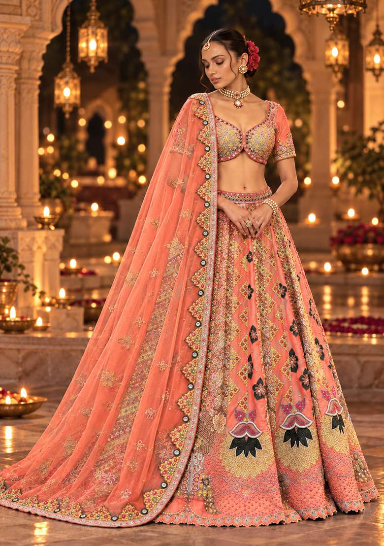 Salmon Pink Sequin and Bead Embellished Chanderi Silk Lehenga Set with Net Dupatta - Indya