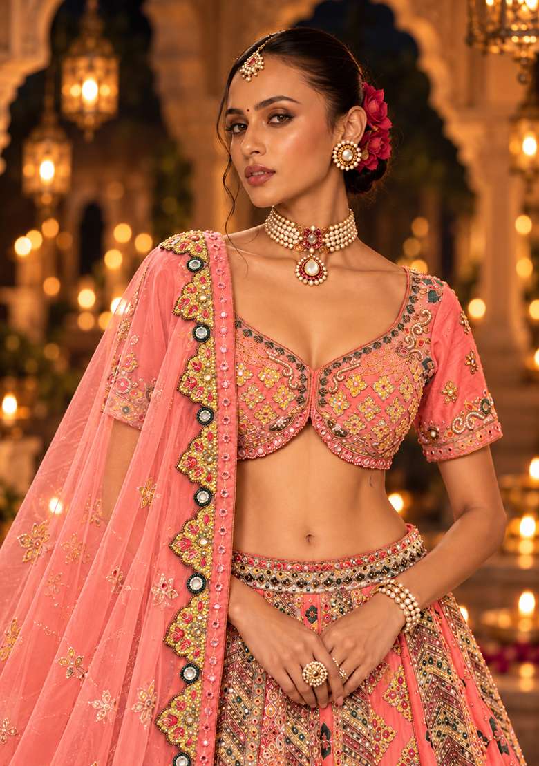 Salmon Pink Sequin and Bead Embellished Chanderi Silk Lehenga Set with Net Dupatta - Indya