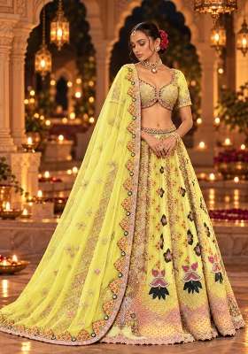 Lemon Yellow Sequin and Bead Embellished Chanderi Silk Lehenga Set with Net Dupatta