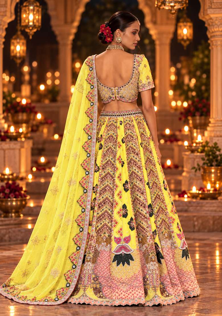 Lemon Yellow Sequin and Bead Embellished Chanderi Silk Lehenga Set with Net Dupatta - Indya