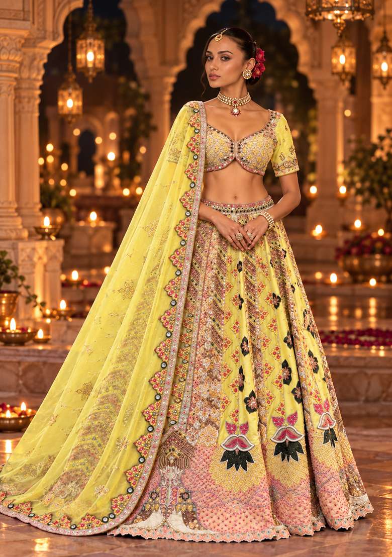 Lemon Yellow Sequin and Bead Embellished Chanderi Silk Lehenga Set with Net Dupatta - Indya