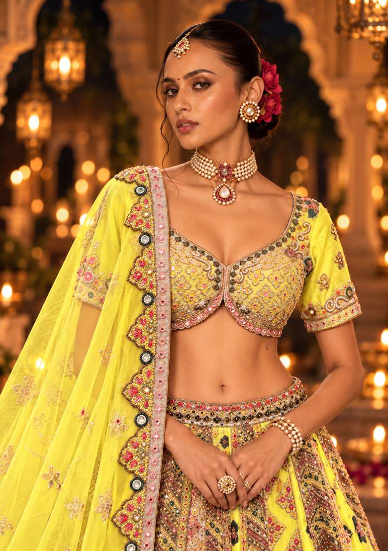 Lemon Yellow Sequin and Bead Embellished Chanderi Silk Lehenga Set with Net Dupatta - Indya