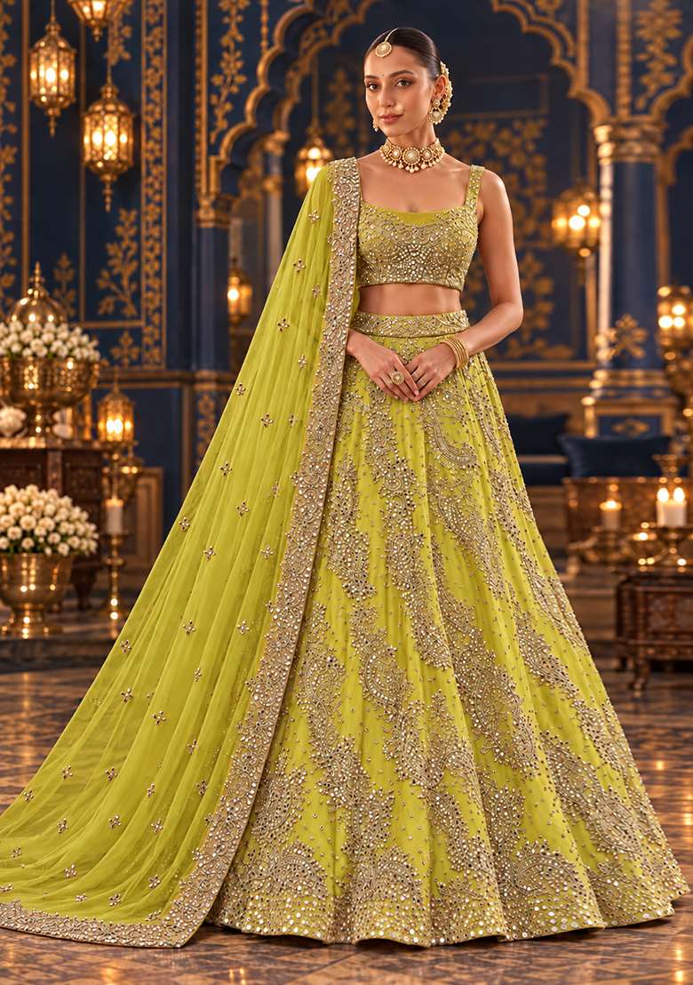 Lime Yellow Mirror and Zari Embellished Organza Lehenga Set with Net Dupatta - Indya