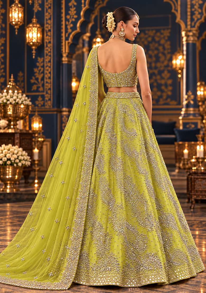 Lime Yellow Mirror and Zari Embellished Organza Lehenga Set with Net Dupatta - Indya