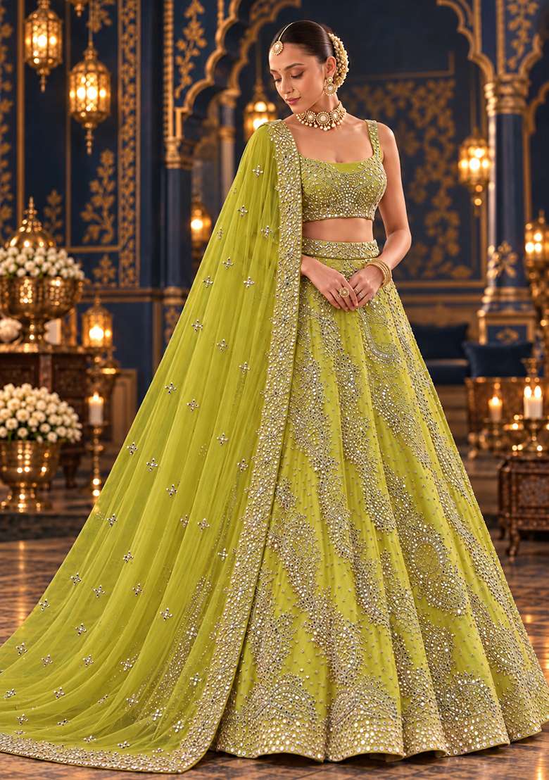 Lime Yellow Mirror and Zari Embellished Organza Lehenga Set with Net Dupatta - Indya