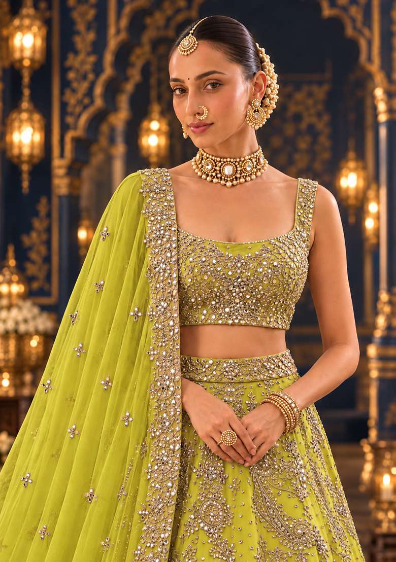 Lime Yellow Mirror and Zari Embellished Organza Lehenga Set with Net Dupatta - Indya