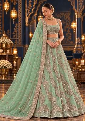 Light Green Mirror and Zari Embellished Organza Lehenga Set with Net Dupatta