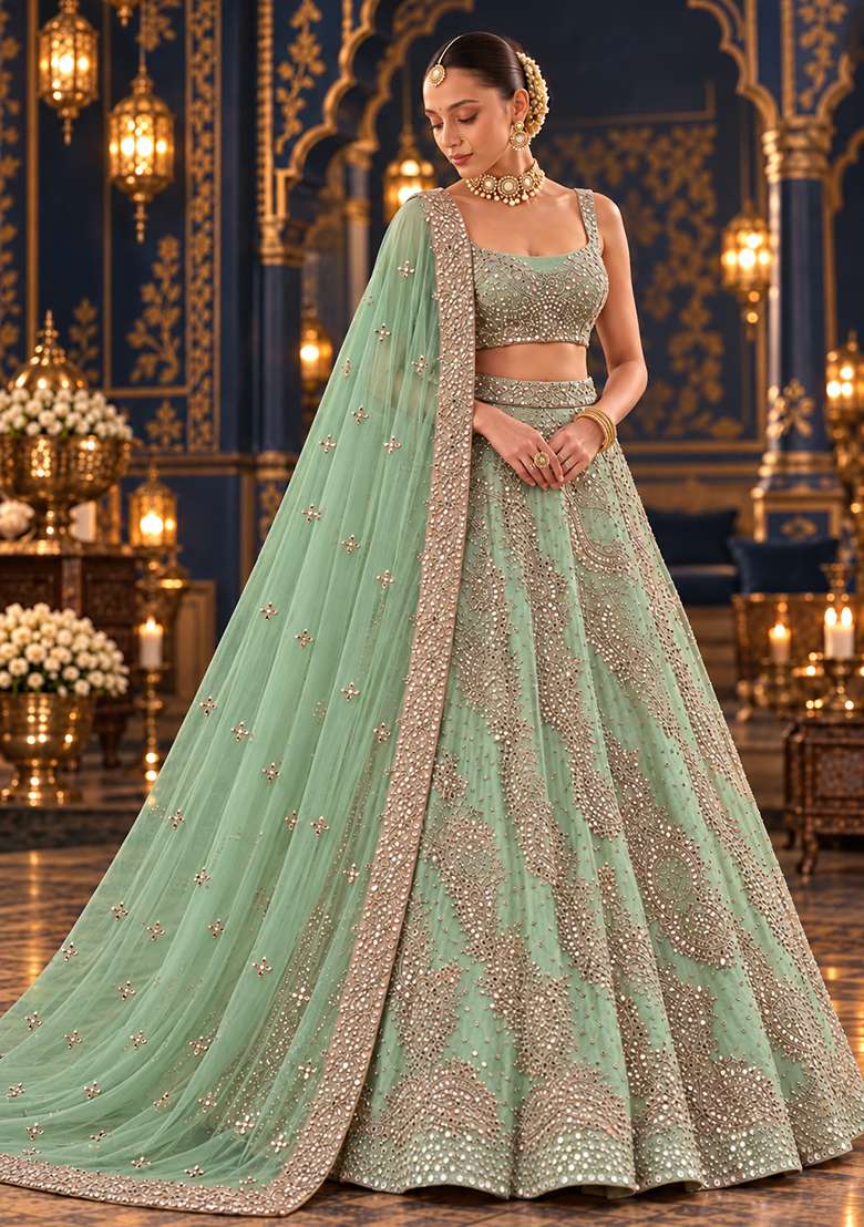 Light Green Mirror and Zari Embellished Organza Lehenga Set with Net Dupatta - Indya