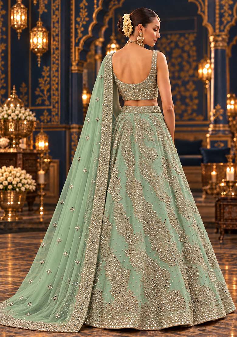 Light Green Mirror and Zari Embellished Organza Lehenga Set with Net Dupatta - Indya