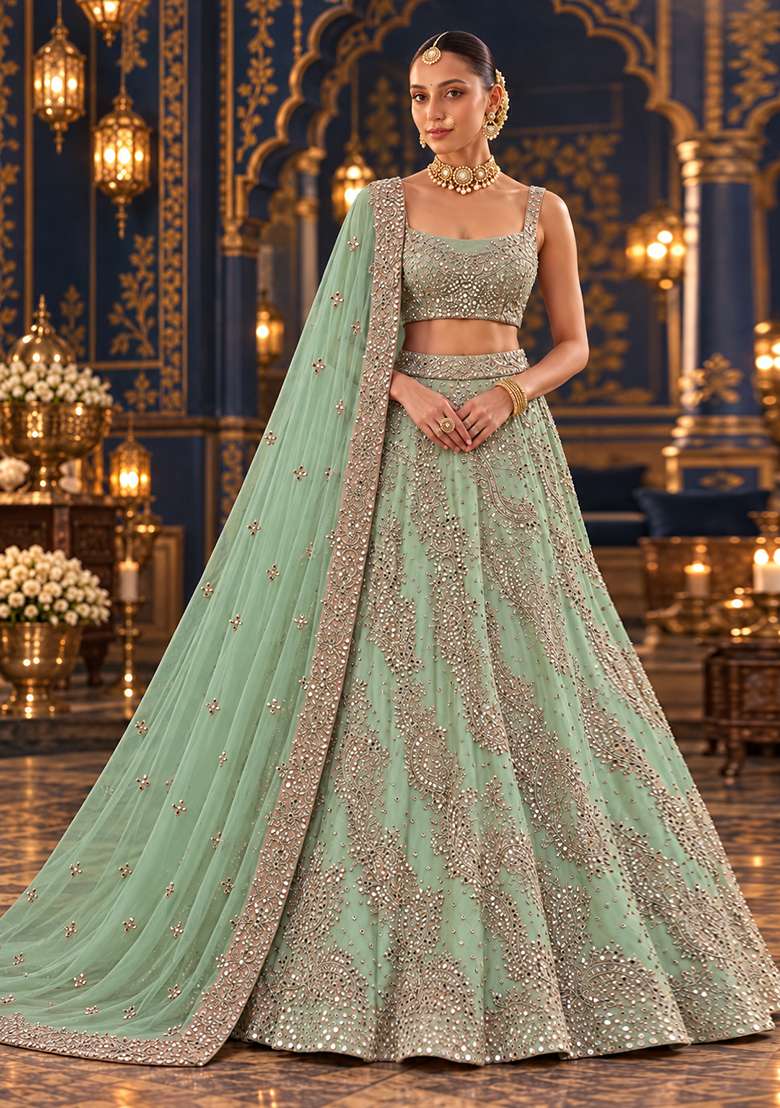 Light Green Mirror and Zari Embellished Organza Lehenga Set with Net Dupatta - Indya