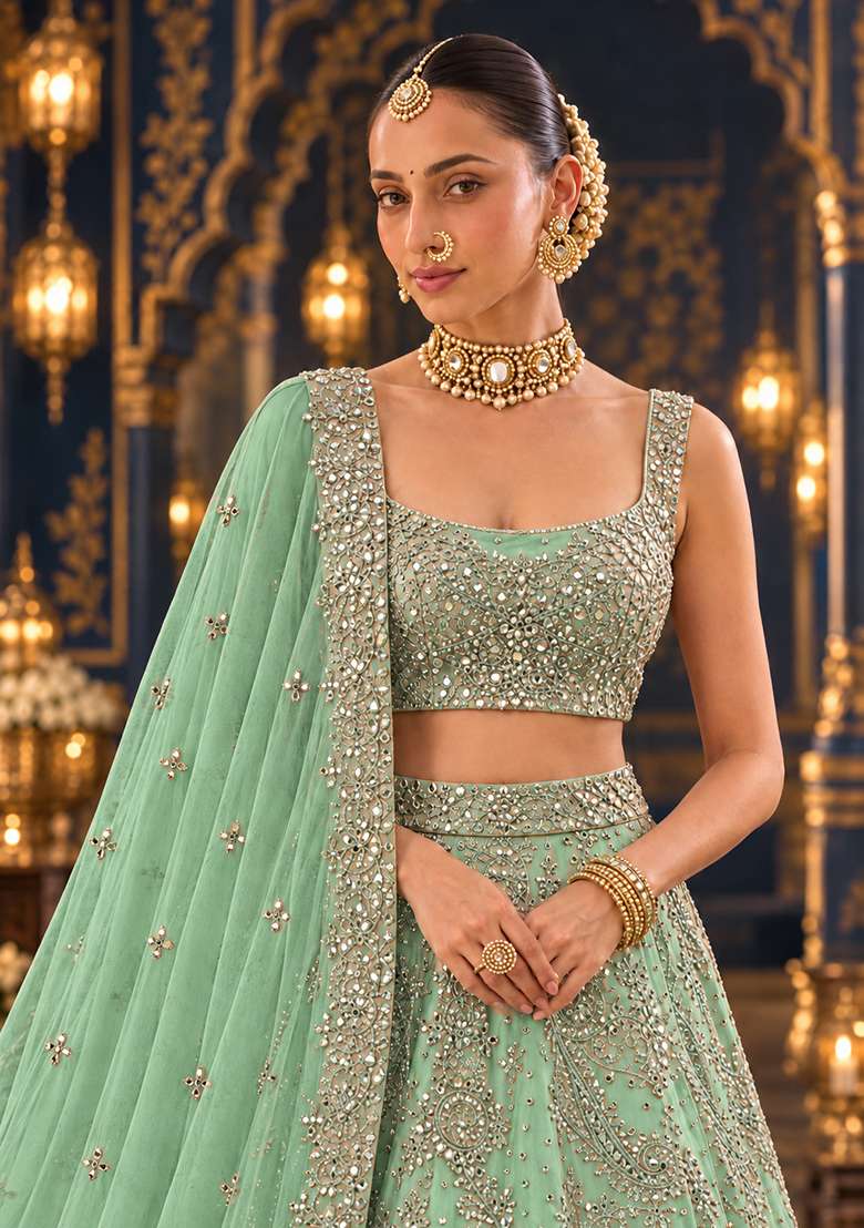 Light Green Mirror and Zari Embellished Organza Lehenga Set with Net Dupatta - Indya