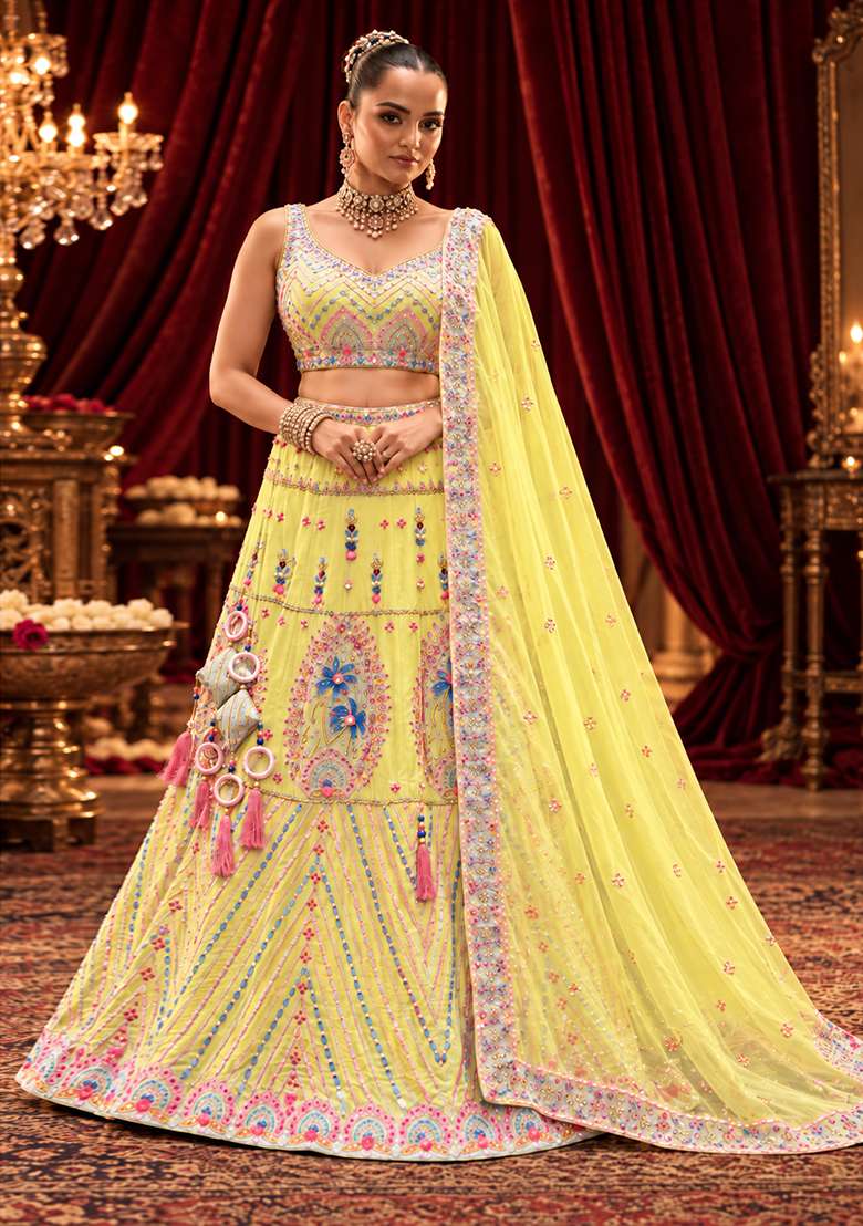Lemon Yellow Sequin and Bead Embellished Chanderi Silk Lehenga Set with Organza Dupatta - Indya