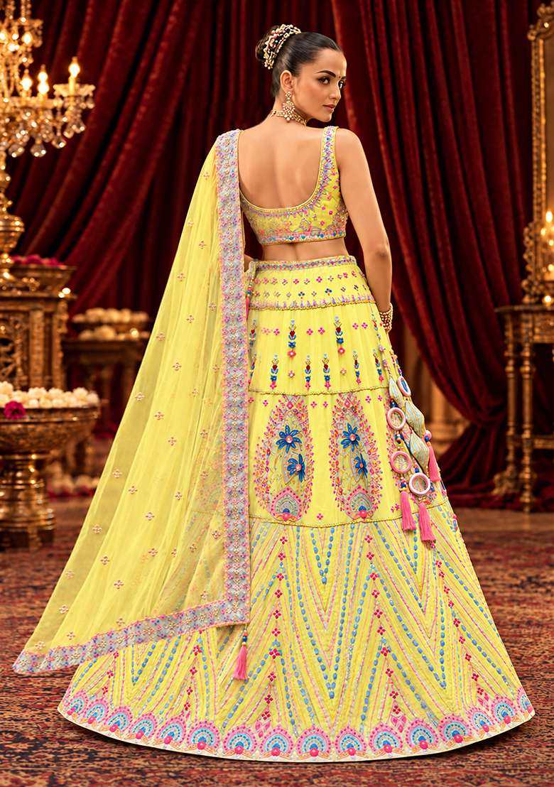 Lemon Yellow Sequin and Bead Embellished Chanderi Silk Lehenga Set with Organza Dupatta - Indya