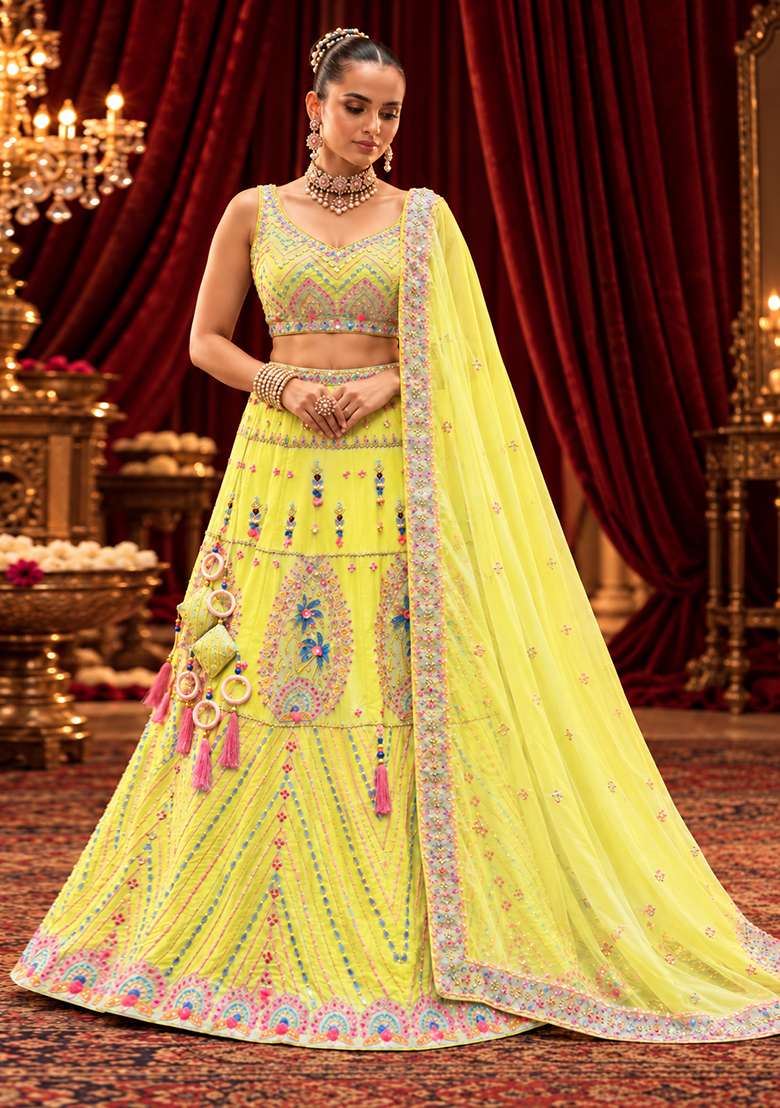 Lemon Yellow Sequin and Bead Embellished Chanderi Silk Lehenga Set with Organza Dupatta - Indya