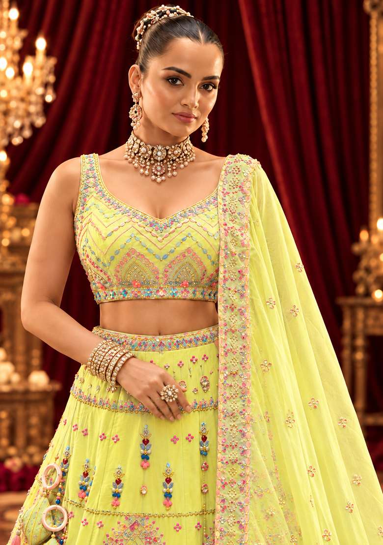 Lemon Yellow Sequin and Bead Embellished Chanderi Silk Lehenga Set with Organza Dupatta - Indya