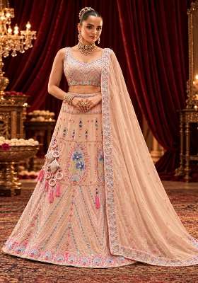 Peach Sequin and Bead Embellished Chanderi Silk Lehenga Set with Organza Dupatta