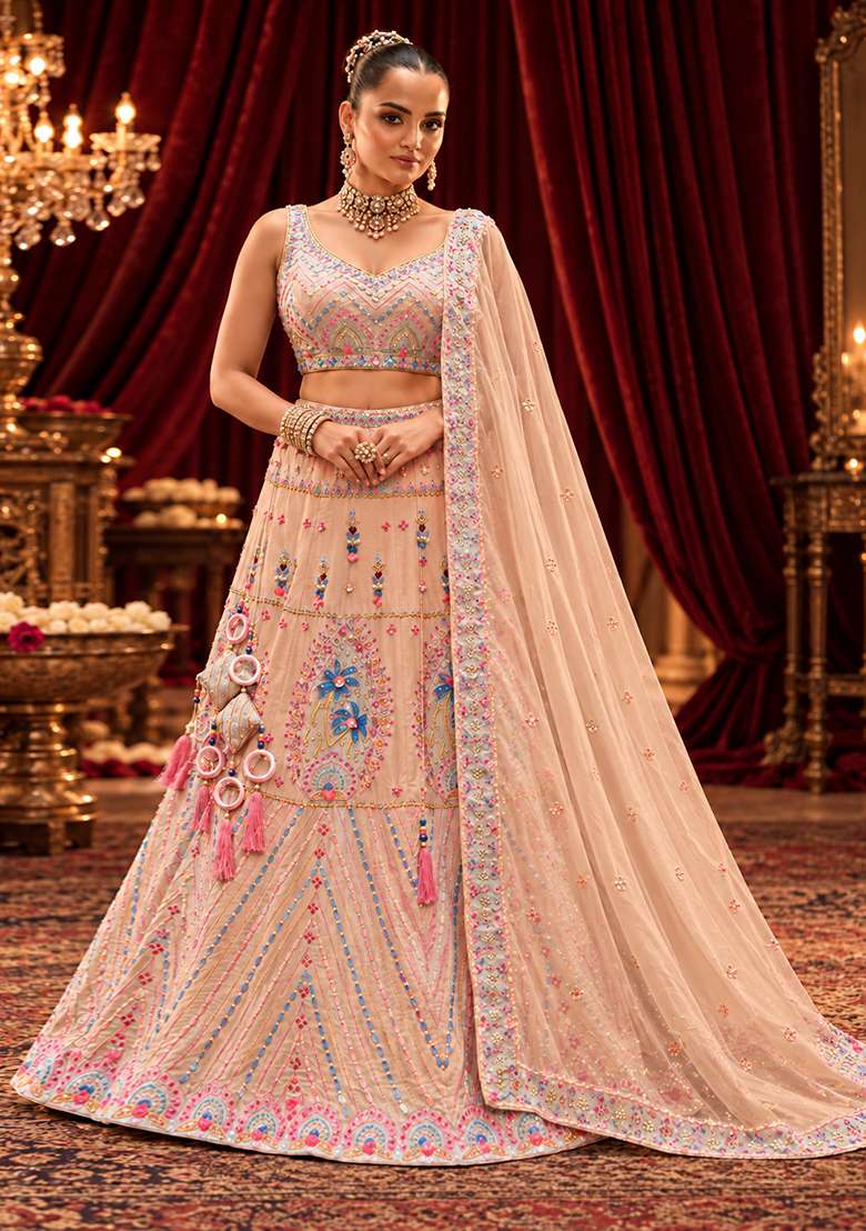 Peach Sequin and Bead Embellished Chanderi Silk Lehenga Set with Organza Dupatta - Indya