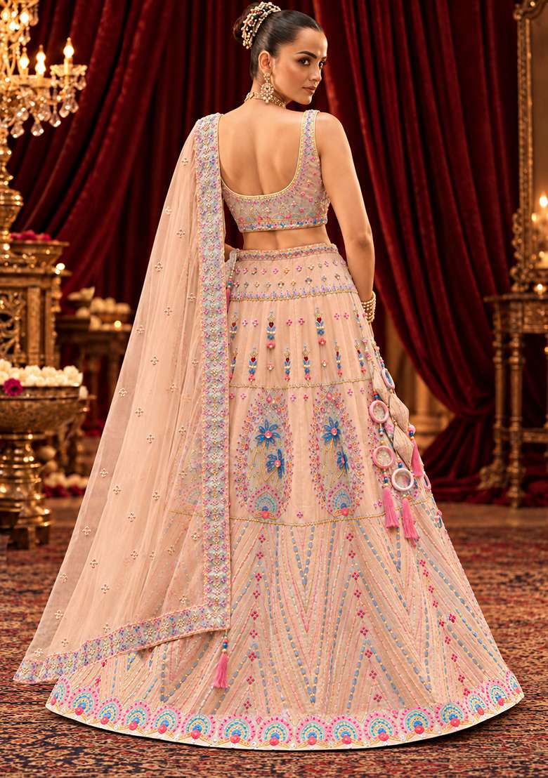 Peach Sequin and Bead Embellished Chanderi Silk Lehenga Set with Organza Dupatta - Indya