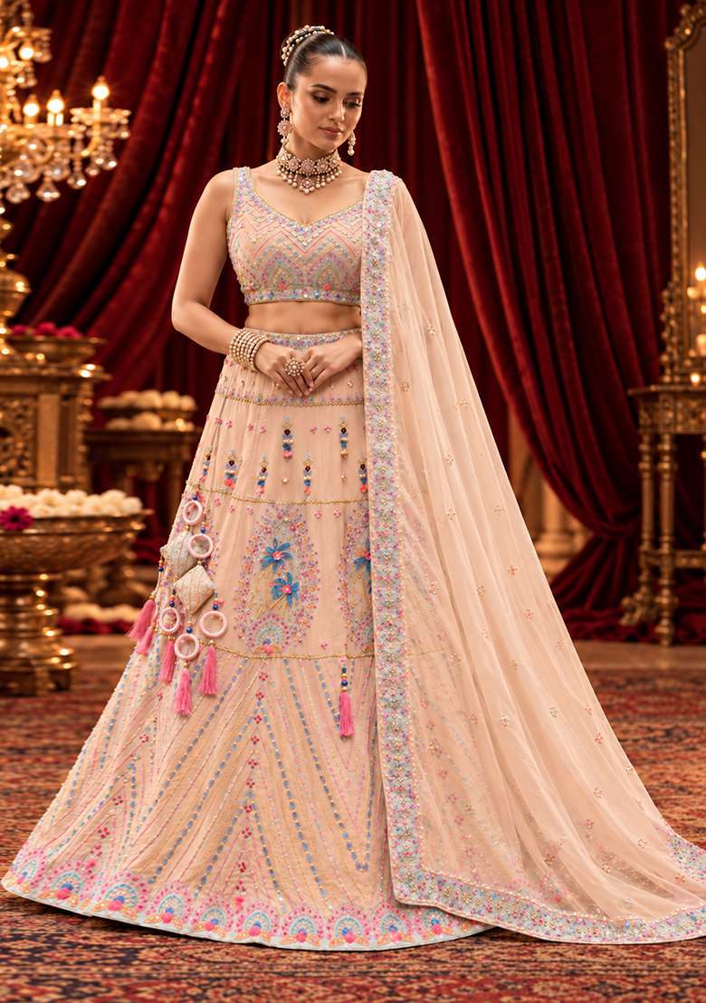 Peach Sequin and Bead Embellished Chanderi Silk Lehenga Set with Organza Dupatta - Indya