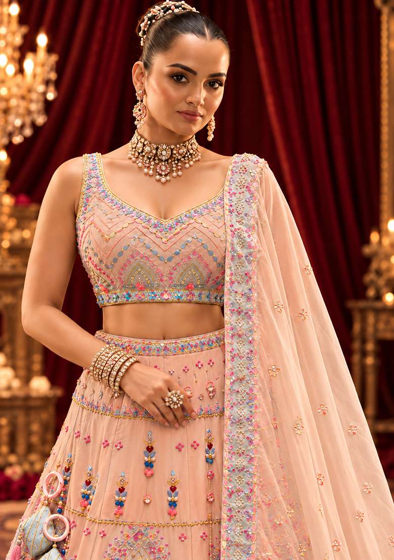 Peach Sequin and Bead Embellished Chanderi Silk Lehenga Set with Organza Dupatta - Indya
