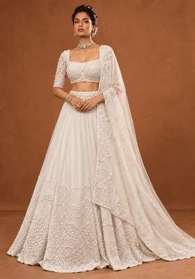 Light Beige Cutdana Embellished Georgette Lehenga Set with Net Dupatta