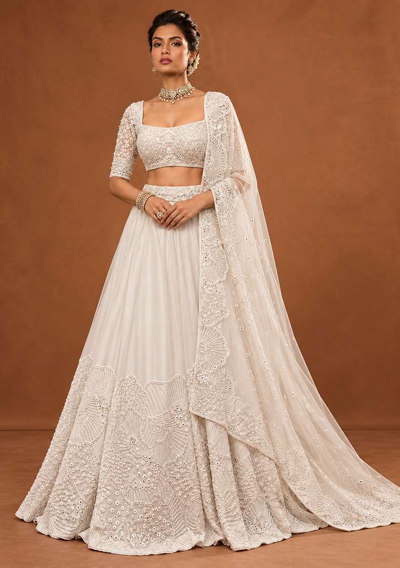 Light Beige Cutdana Embellished Georgette Lehenga Set with Net Dupatta - Indya
