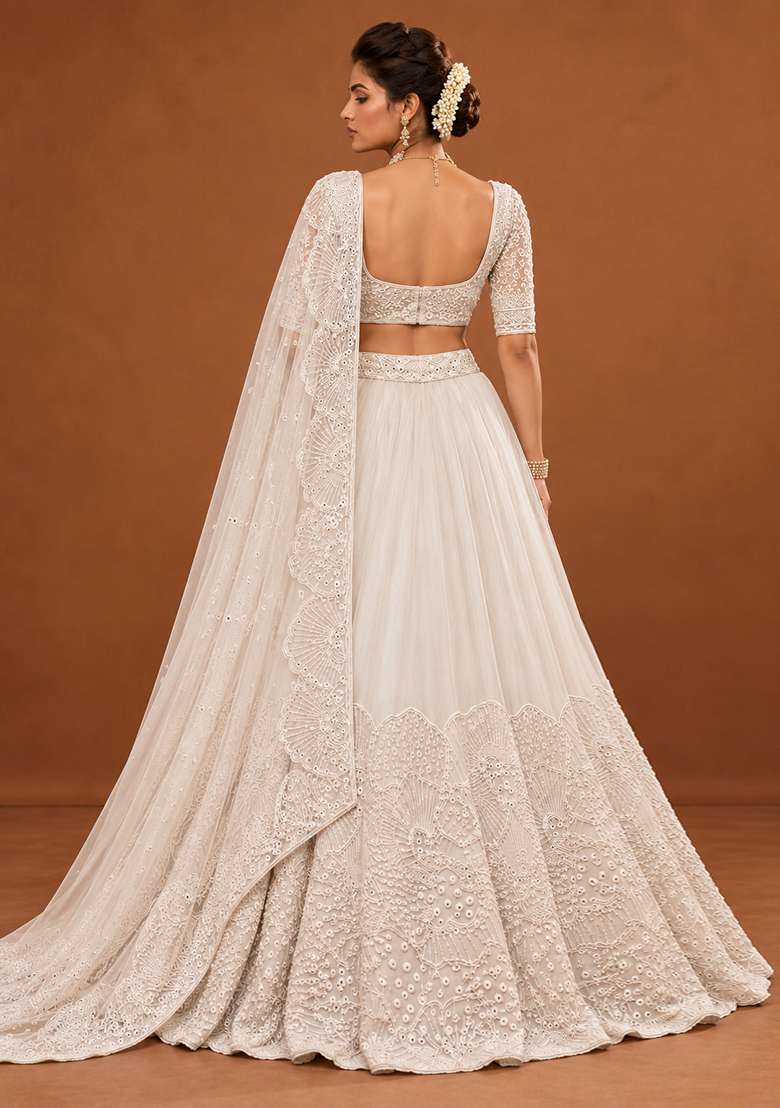 Light Beige Cutdana Embellished Georgette Lehenga Set with Net Dupatta - Indya