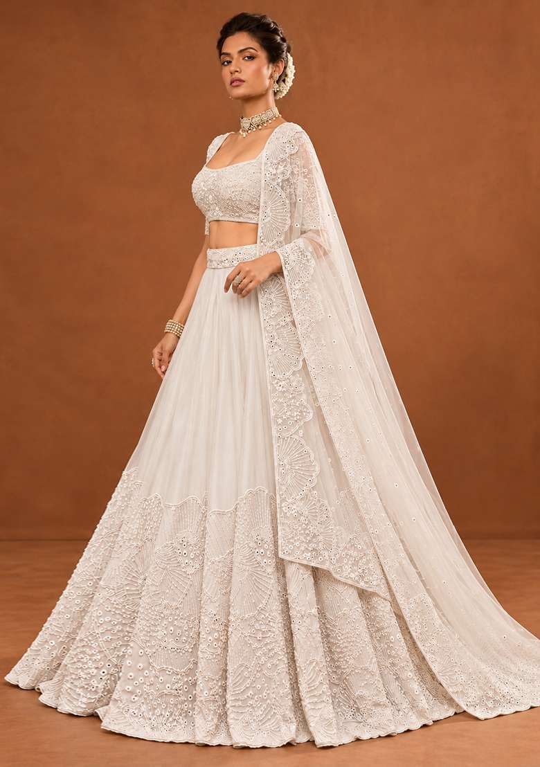 Light Beige Cutdana Embellished Georgette Lehenga Set with Net Dupatta - Indya