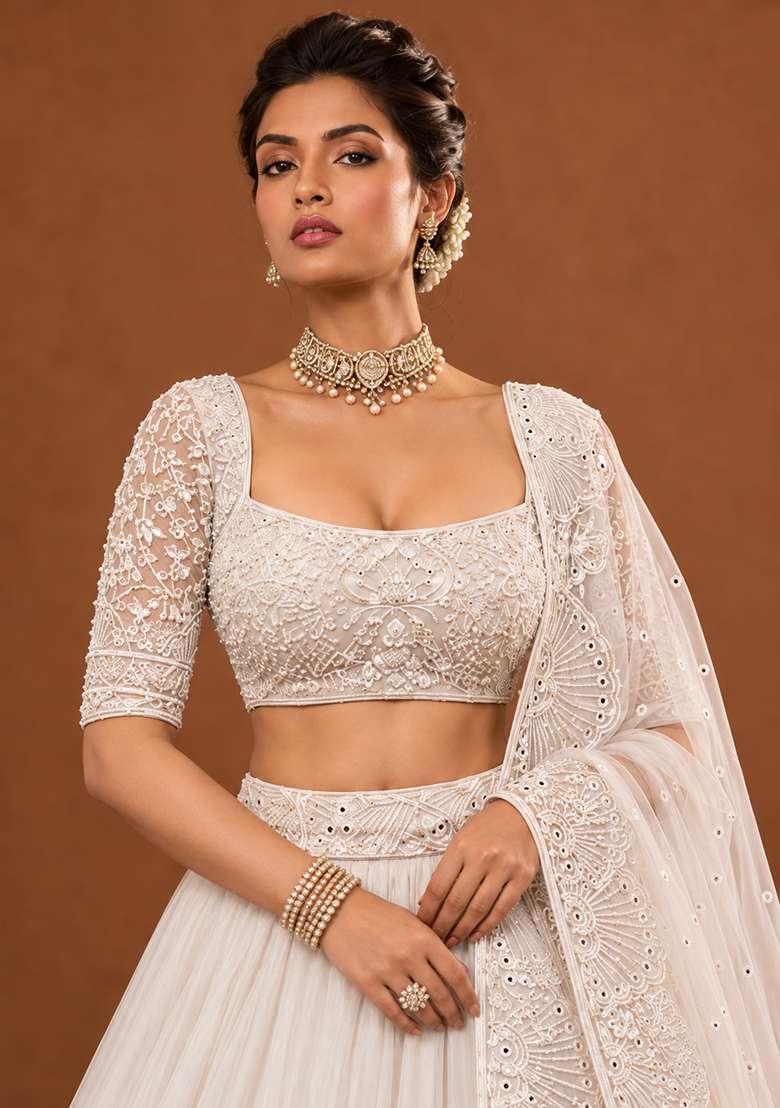 Light Beige Cutdana Embellished Georgette Lehenga Set with Net Dupatta - Indya
