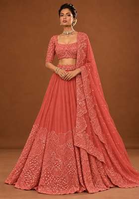 Salmon Pink Cutdana Embellished Georgette Lehenga Set with Net Dupatta