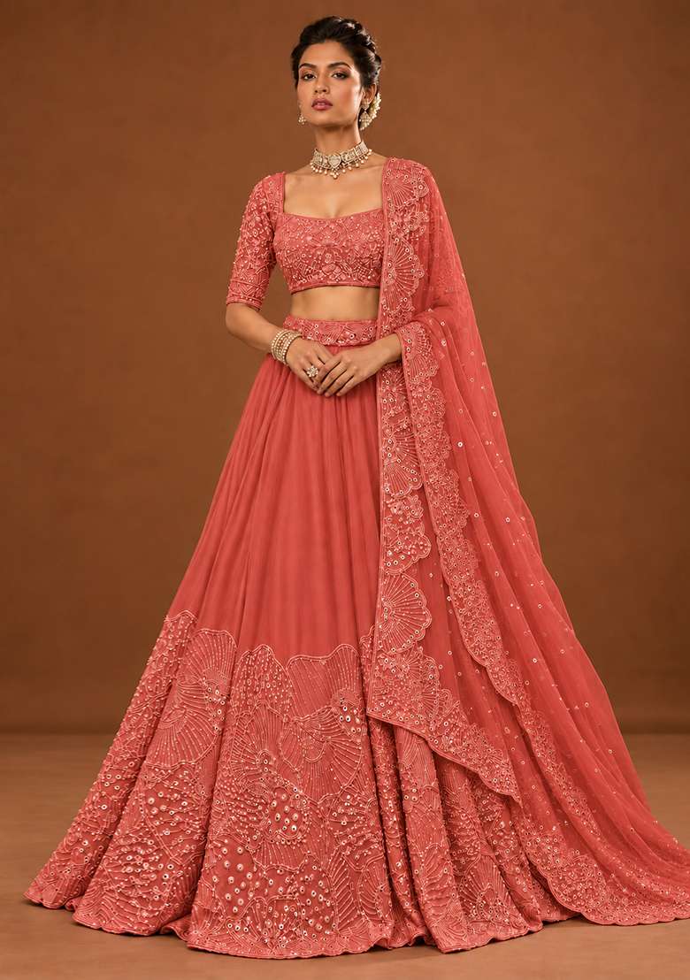 Salmon Pink Cutdana Embellished Georgette Lehenga Set with Net Dupatta - Indya