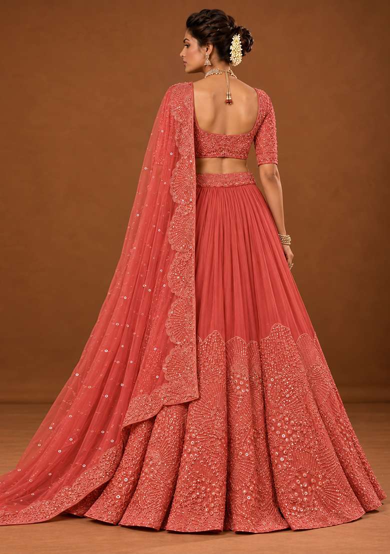 Salmon Pink Cutdana Embellished Georgette Lehenga Set with Net Dupatta - Indya