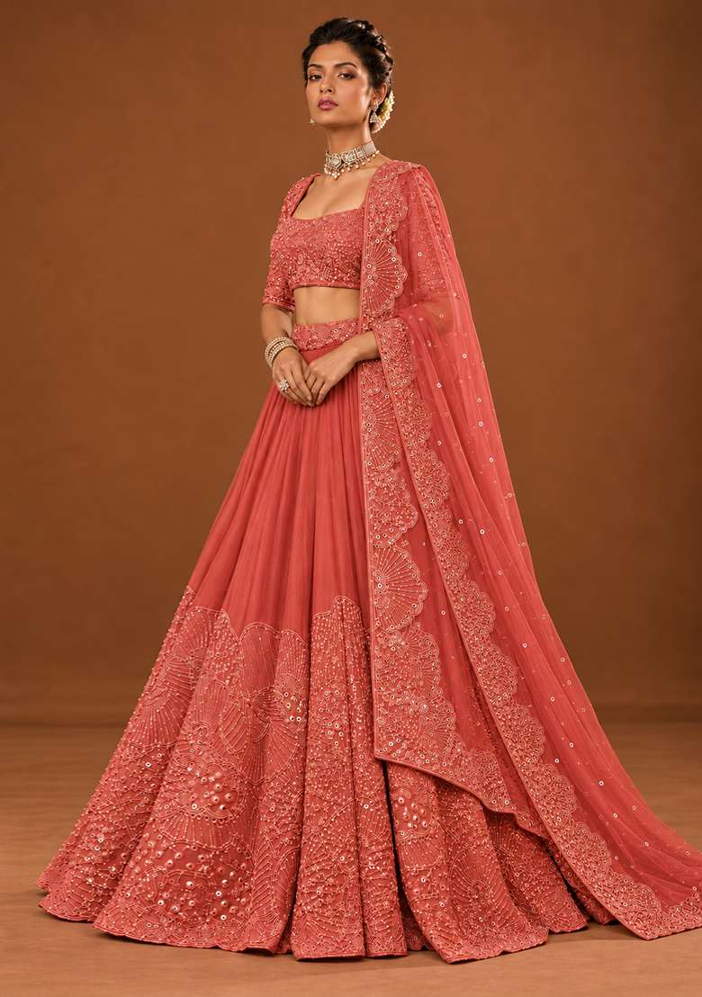 Salmon Pink Cutdana Embellished Georgette Lehenga Set with Net Dupatta - Indya