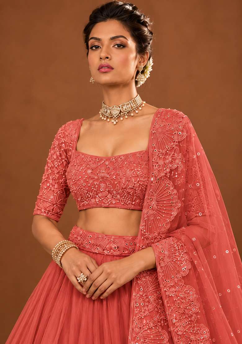 Salmon Pink Cutdana Embellished Georgette Lehenga Set with Net Dupatta - Indya