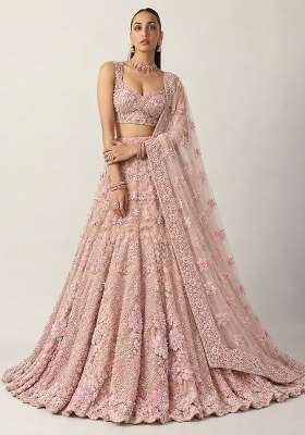 Light Peach Sequin and Bead Embellished Net Lehenga Set with Matching Dupatta
