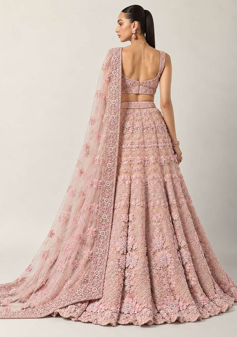 Light Peach Sequin and Bead Embellished Net Lehenga Set with Matching Dupatta - Indya
