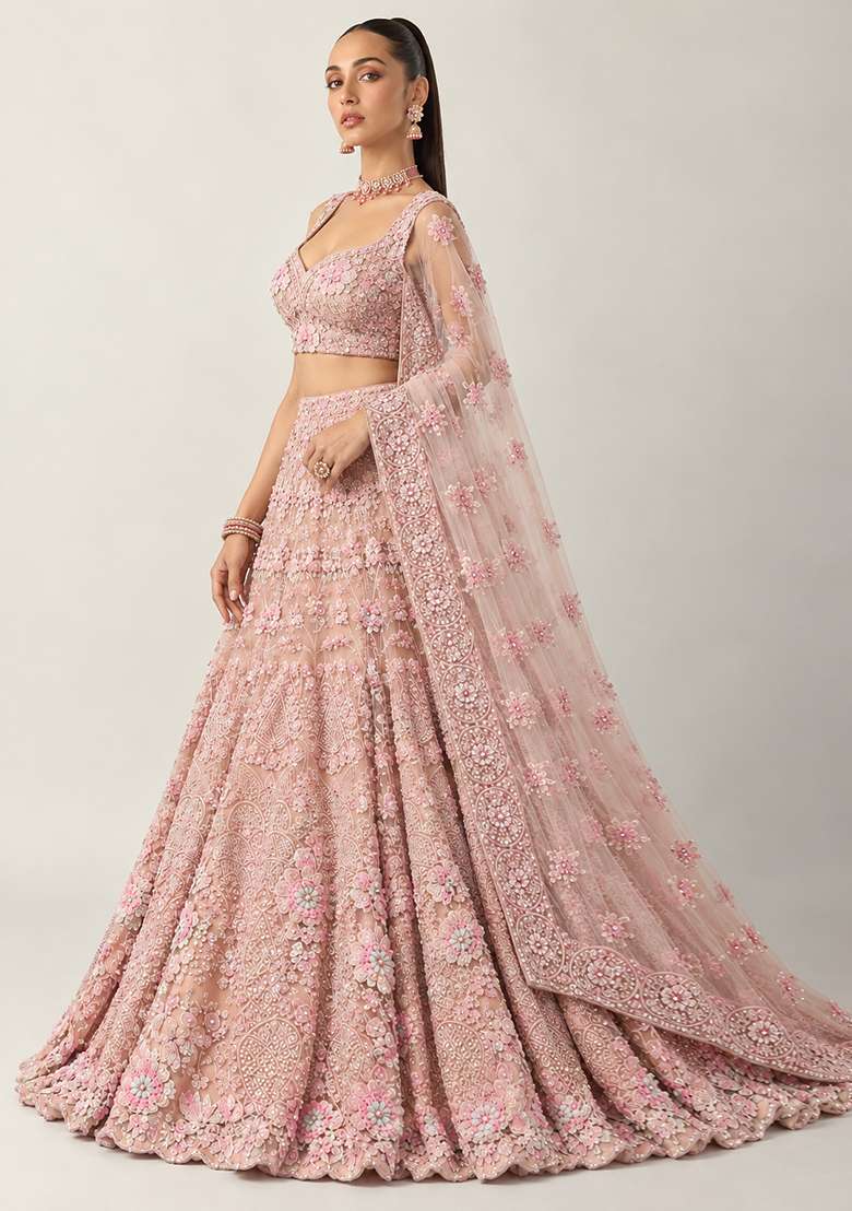 Light Peach Sequin and Bead Embellished Net Lehenga Set with Matching Dupatta - Indya