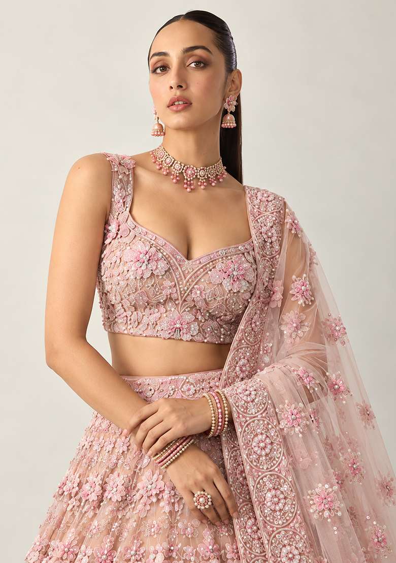 Light Peach Sequin and Bead Embellished Net Lehenga Set with Matching Dupatta - Indya