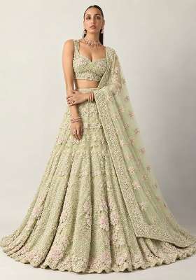 Light Lime Sequin and Bead Embellished Net Lehenga Set with Matching Dupatta
